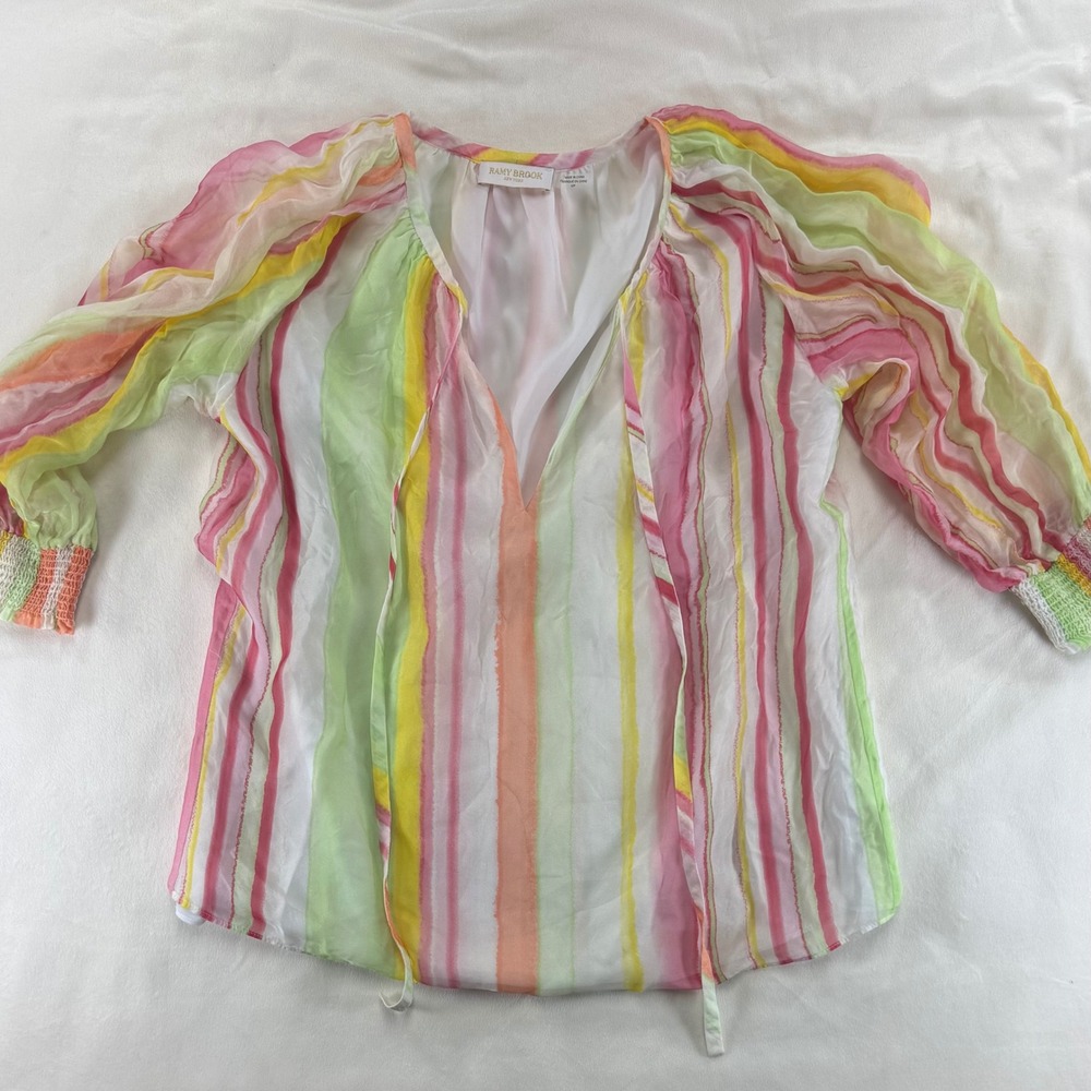 Ramy Brook Womens Silk Blend Striped V-Neck Blouse Multi-Color Smocked Cuff S/P